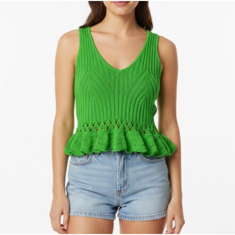 DAY+MOON Super Cute Green CROCHET SWEATER TANK TOP Peplum Cropped SIZE S